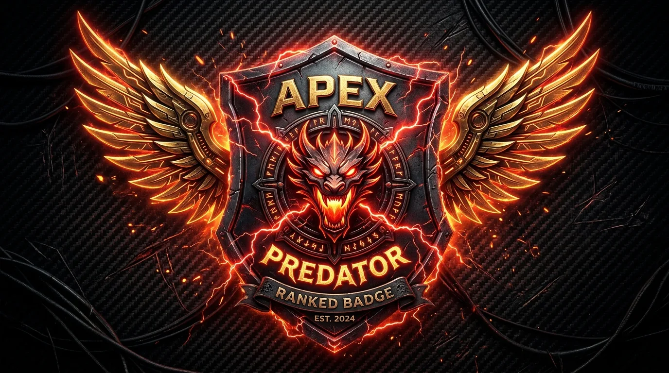 Apex Predator Ranked Badge Shield Crest with Fiery Crimson Lightning