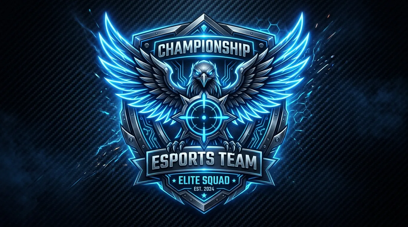 Esports Championship Shield Crest with Electric Blue Wings