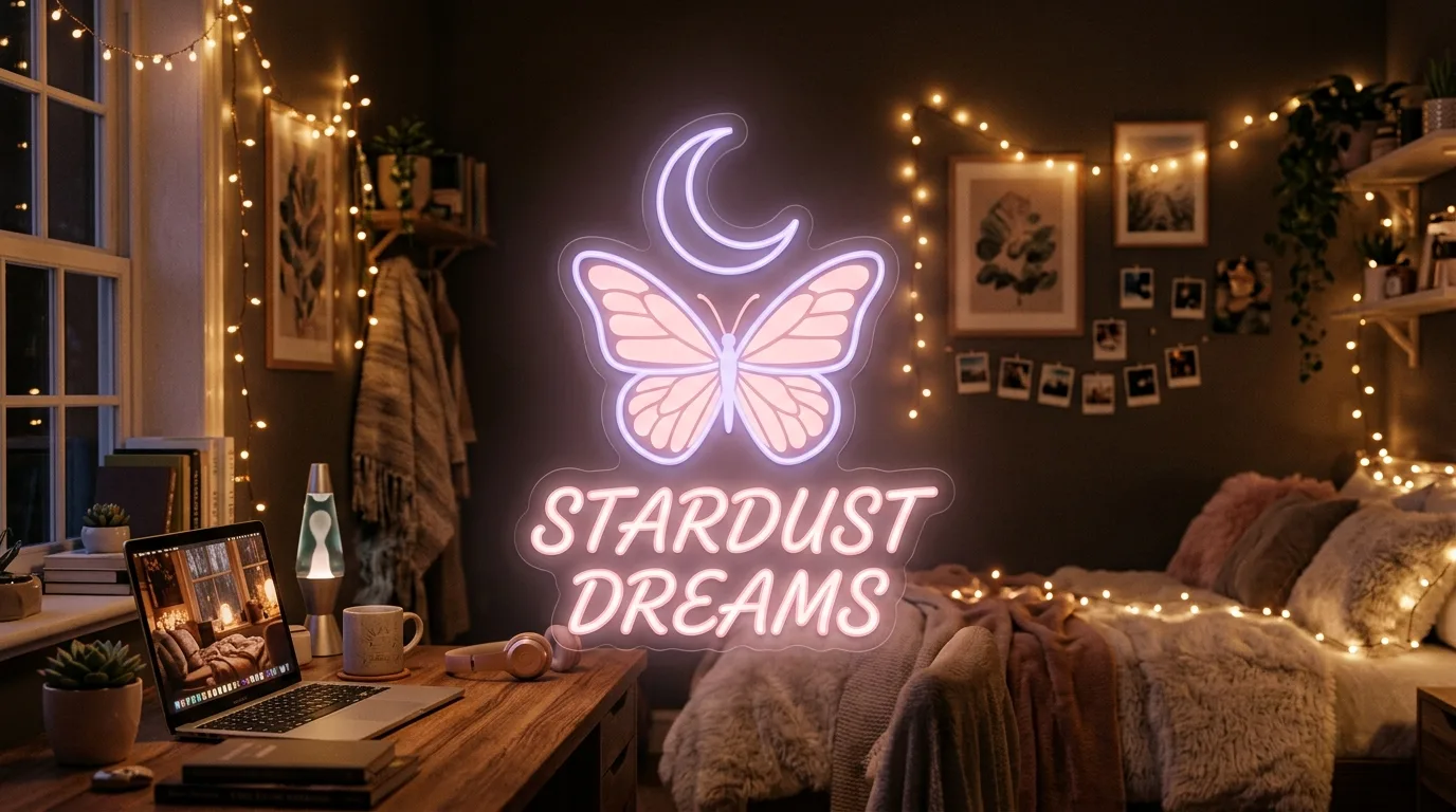Female Aesthetic Neon Butterfly and Moon Emblem