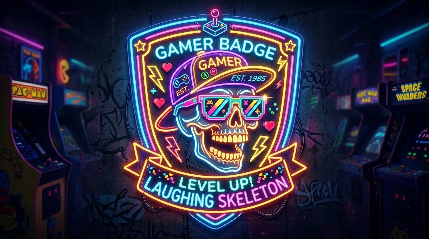 Comical Glowing Neon Gamer Badge Laughing Skeleton